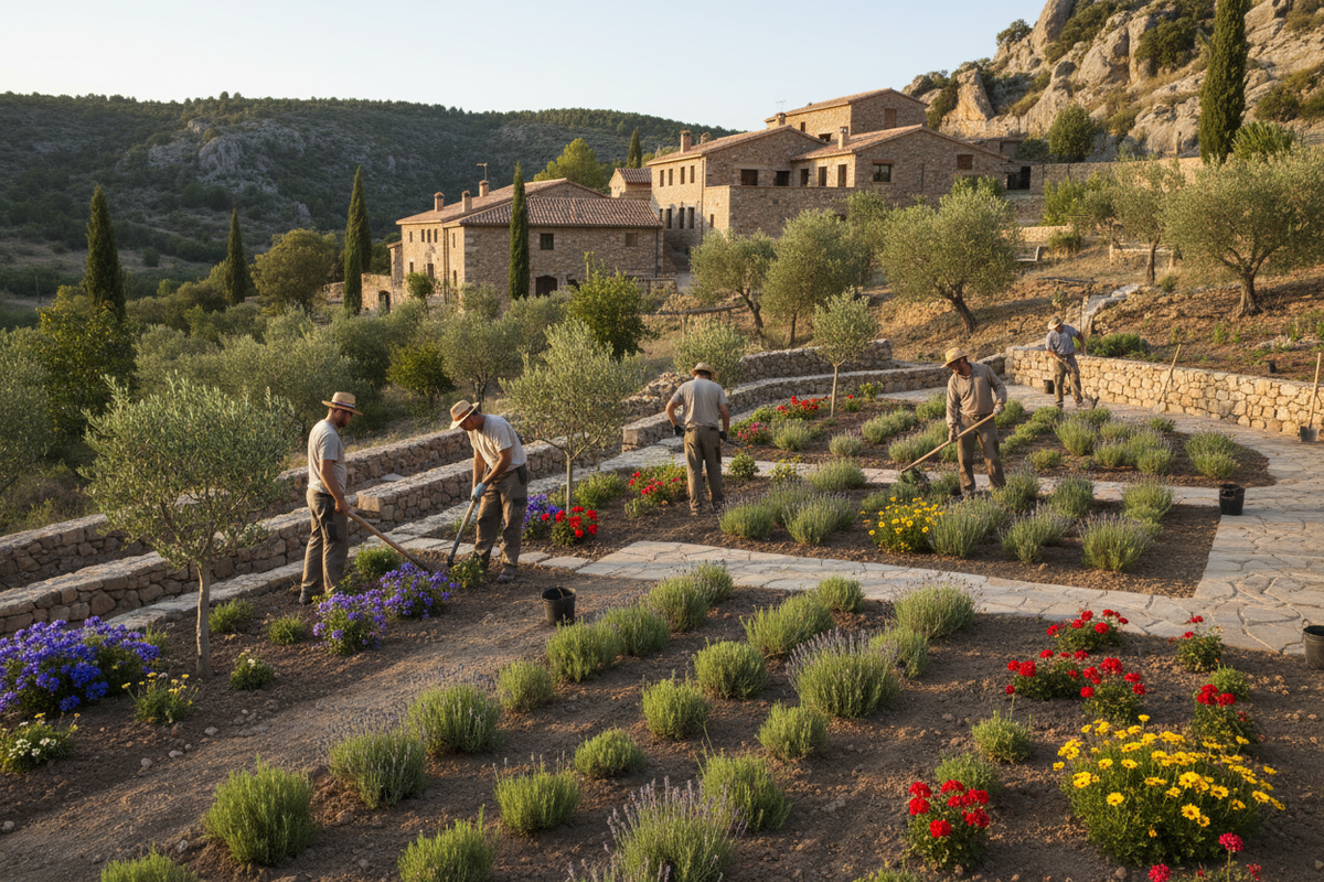Haz una imagen realista de un equipo de jardineros creando un jardín de estilo mediterraneo en un ambiente rural inspirado en el pueblo de Alquezar
