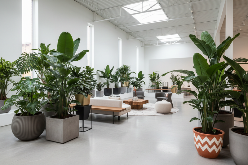 Espacio comercial moderno con plantas y maceteros de diseño