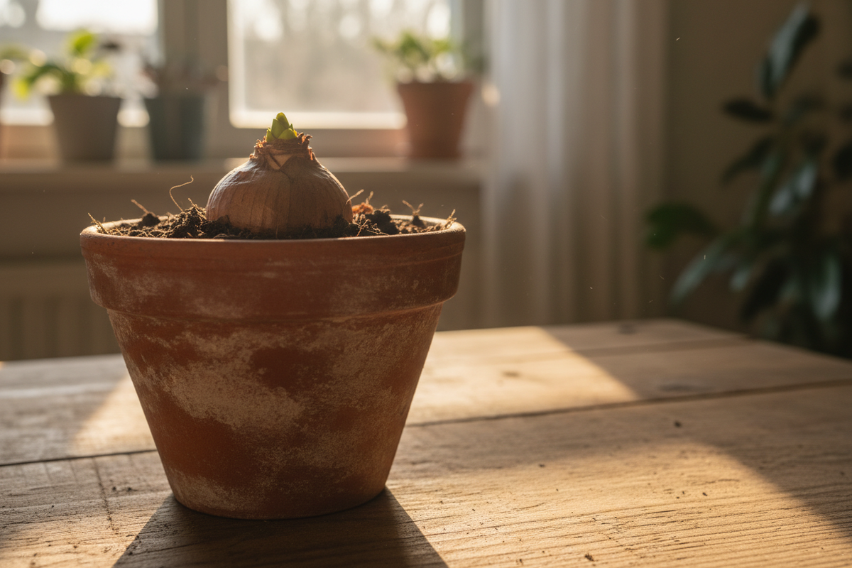 Haz una imagen realista de un bulbo en una maceta con una luz ambiental suave