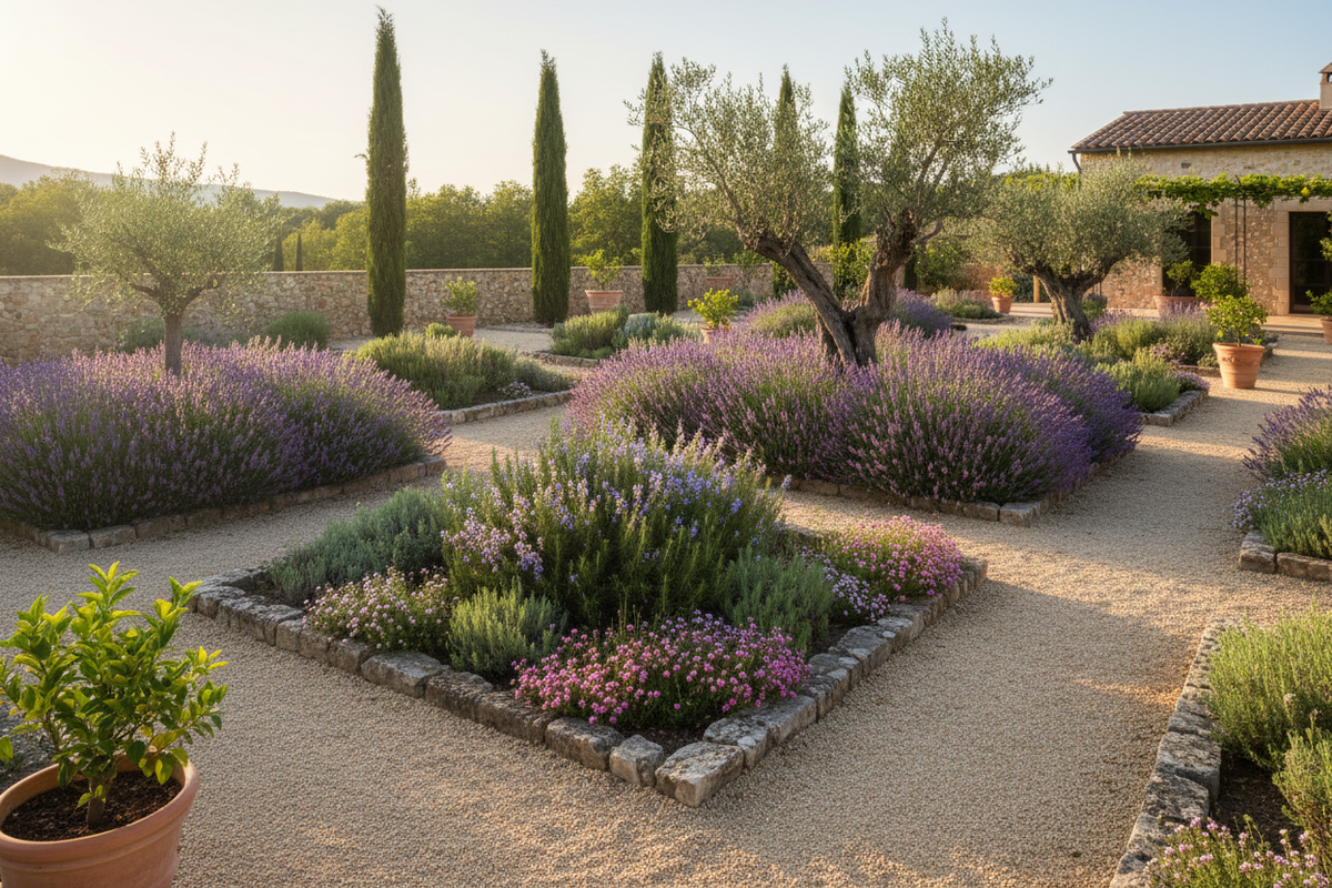 Haz una imagen realista de un parterre con arboles, arbustos y plantas aromáticas con tono mediterraneo y una luz suave