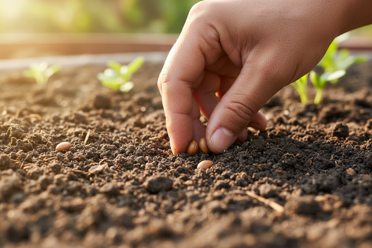Haz una imagen realista de una mano plantando semillas en el suelo con una luz suave